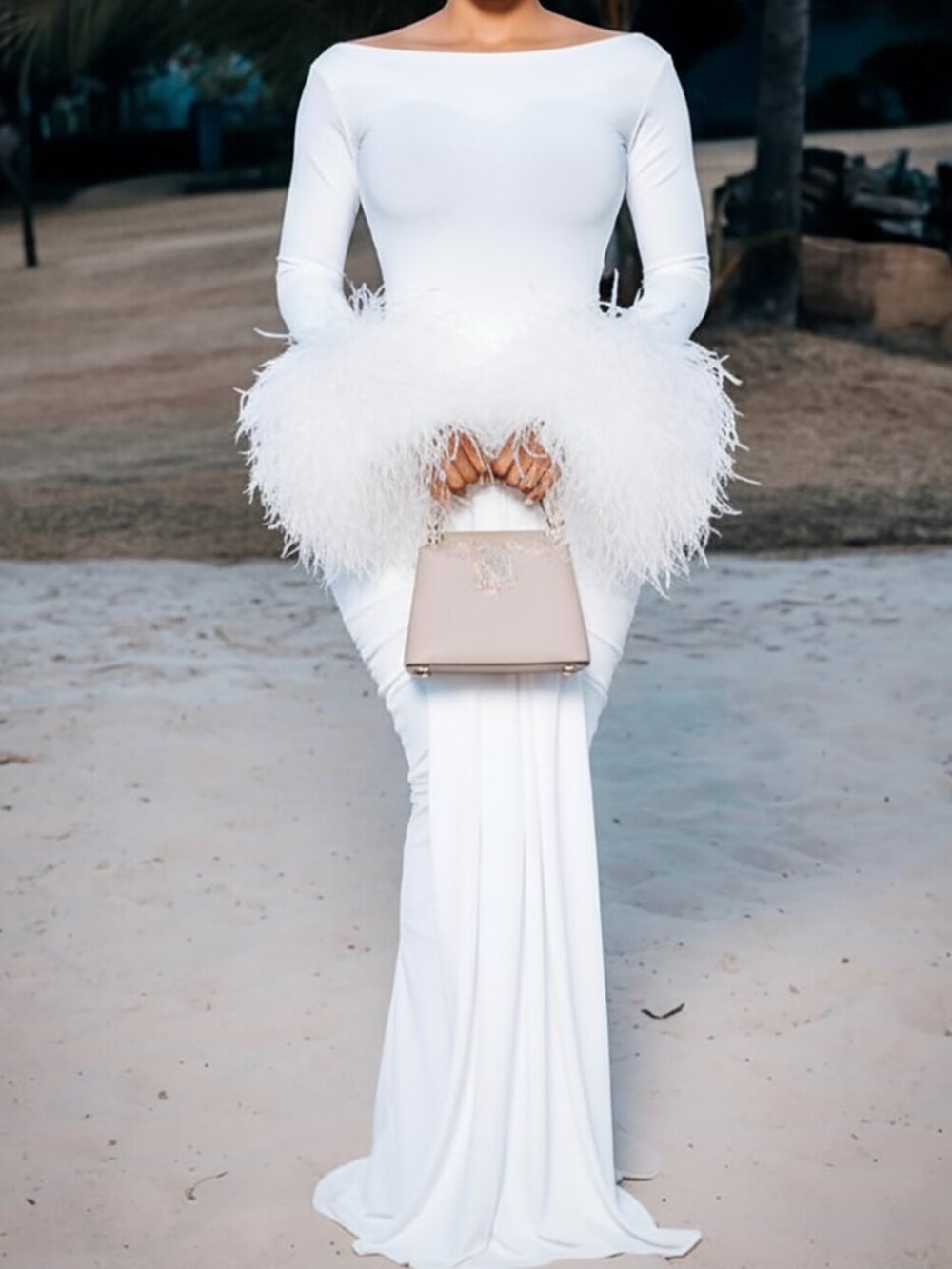 Feather Sleeve Ruched White Gown